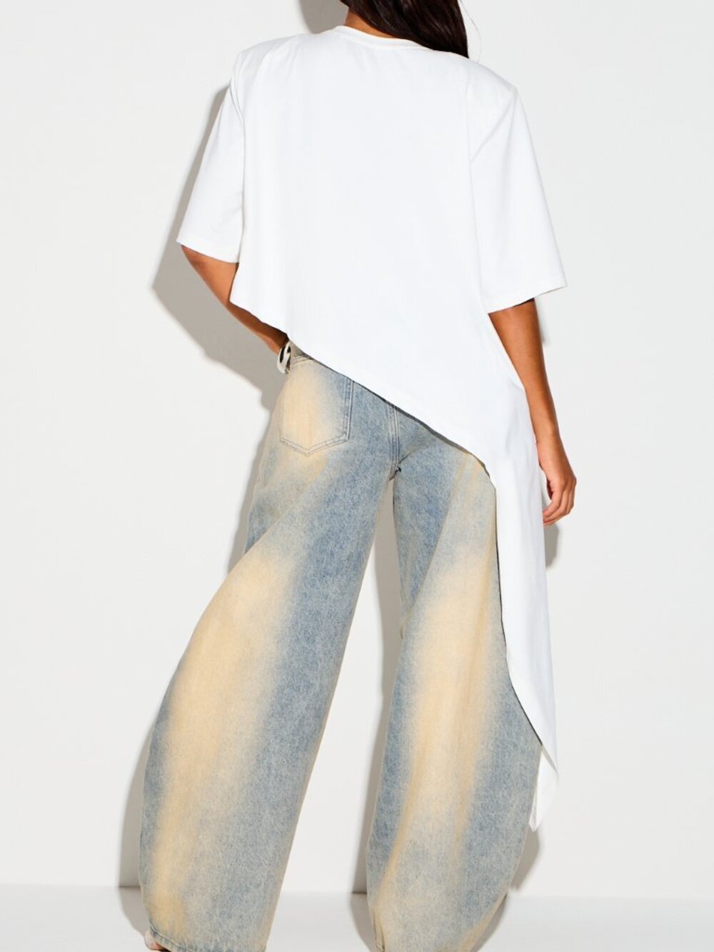 White Casual Women's Oversized Asymmetric Shoulder Pad High-Low Hem T-Shirt - Picture 2 of 5